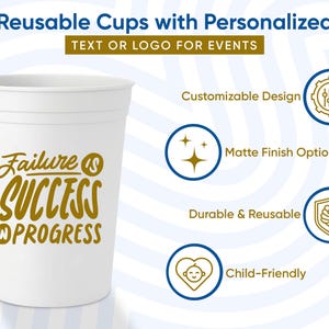 May include: White reusable cup with the text "Failure is Success in Progress" in gold lettering. The image also includes icons and text indicating customizable design, matte finish options, durability, and child-friendly features. The text at the top says "Reusable Cups with Personalized TEXT OR LOGO FOR EVENTS."