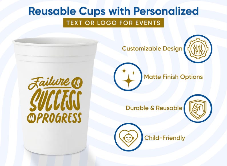 May include: White reusable cup with the text "Failure is Success in Progress" in gold lettering. The image also includes icons and text indicating customizable design, matte finish options, durability, and child-friendly features. The text at the top says "Reusable Cups with Personalized TEXT OR LOGO FOR EVENTS."