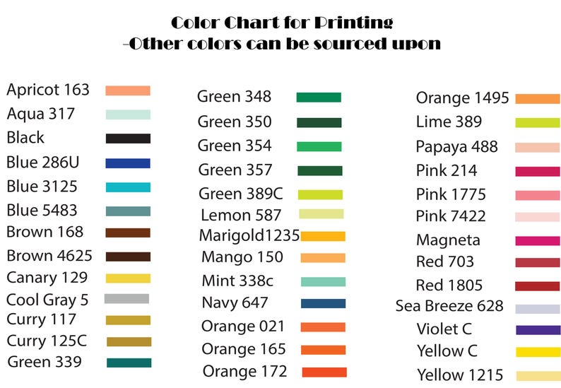 K&ouml;nnte beinhalten: Farbkarte zum Drucken mit einer Liste von Farben und ihren entsprechenden Codes. Die Farben umfassen Aprikose, Aqua, Schwarz, Blau, Braun, Kanarienvogel, K&uuml;hlgrau, Curry, Gr&uuml;n, Zitrone, Ringelblume, Mango, Minze, Marineblau, Orange, Papaya, Rosa, Rot, Meeresbrise, Violett und Gelb.