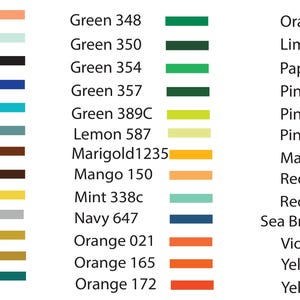 May include: A color chart featuring a variety of hues, each with a name and number. Colors include shades of green, blue, pink, orange, and yellow. The chart is designed for color selection and reference.