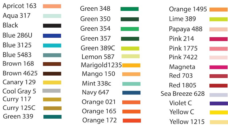 May include: A color chart featuring a variety of hues, each with a name and number. Colors include shades of green, blue, pink, orange, and yellow. The chart is designed for color selection and reference.