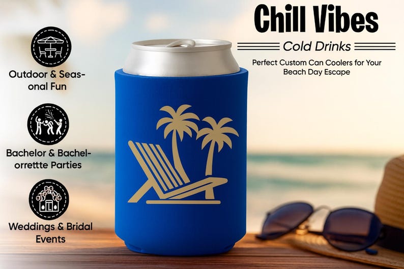 May include: A blue can cooler with a beach theme. The cooler features a gold palm tree and beach chair design. Text on the cooler says "Chill Vibes" and "Cold Drinks". The image also includes sunglasses and a hat.