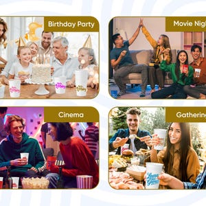 May include: Image featuring four scenes: a birthday party, movie night, cinema, and gathering. Each scene includes people and white cups with text. The birthday scene has a cake. The gathering scene has food.