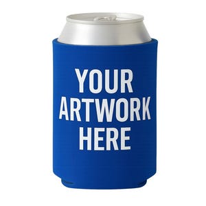 May include: A blue can cooler with the text "YOUR ARTWORK HERE" in white. The cooler is designed to keep beverages cold and fits around a standard-sized can. The top of the can is silver.