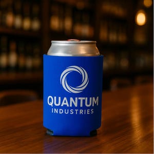 May include: A blue can cooler with the text "QUANTUM INDUSTRIES" in white. The cooler has a white circular logo. A silver can is inside the cooler, sitting on a wooden surface.