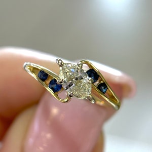 Unique diamond and sapphire bypass ring 14k yellow gold