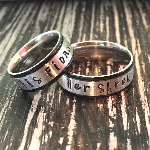 His Fiona Her Shrek Ring Set 8mm Stainless Steel with Black Trim Fashion Ring Hand Stamped