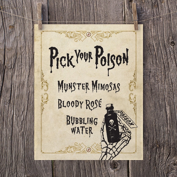 PRINTABLE Halloween Signature Drinks Sign, The Munsters Pick Your Poison Halloween Bar Menu, Custom Halloween Party Decor, Cocktails Sign