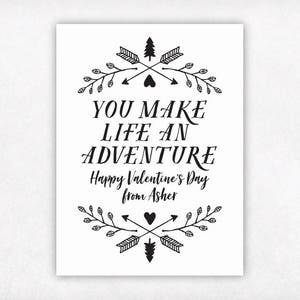 PRINTABLE Valentines for Kids, Adventure Valentine's Day Cards, Trees Arrows Leaves Outdoors Camping Black and White Boys Valentine Card