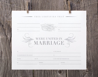8x10 Printable Marriage Certificate, Gray White Blank Marriage Certificate, Silver Wedding Keepsake Marriage Certificate Calligraphic Bird