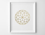 Modern Minimalist Geometric Circle Print, Modern Bedroom Decor, Matte Faux Gold Faceted Circle, Geometric Art, Gold Modern Bedroom Art