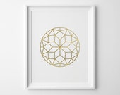 Modern Minimalist Geometric Circle Print, Modern Bedroom Decor, Matte Faux Gold Faceted Circle, Geometric Art, Gold Modern Bedroom Art