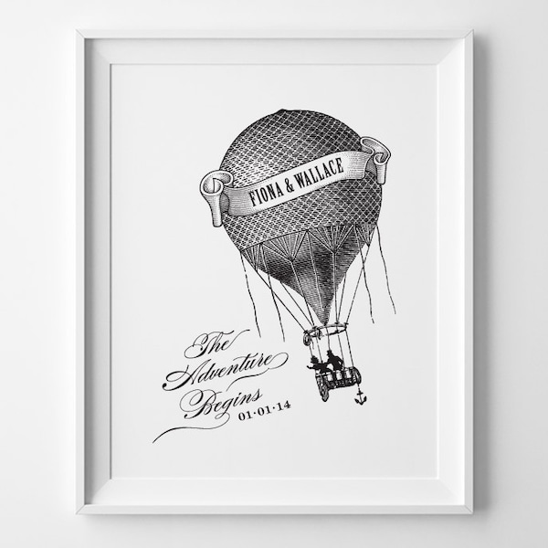 PRINTABLE Personalized Gift for Couple, Custom Wedding Gift, Bridal Shower Engagement Gift, Gay Lesbian Steampunk Hot Air Balloon Print