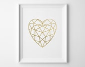 Valentines Print, Girlfriend Gift, Valentines Day Gift, Gold Heart Print Modern Bedroom Decor, Minimalist Matte Faux Gold Geometric Heart