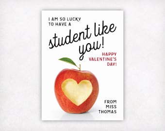 PRINTABLE Student Valentine's Day Cards from Teacher, Personalized Student Valentine Card, Heart Apple School Classroom Valentines for Kids