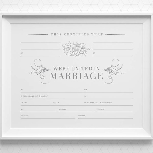 PRINTABLE Marriage Certificate with Space for 4 Witnesses, Gray White Blank Marriage Certificate, 8x10 A4 11x14 Silver Wedding Keepsake