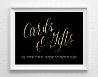 PRINTABLE Wedding Signs, Gold and Black Wedding Cards and Gifts Sign, Modern Card Box Sign, Gift Table Sign, Instant Download WS1GBP