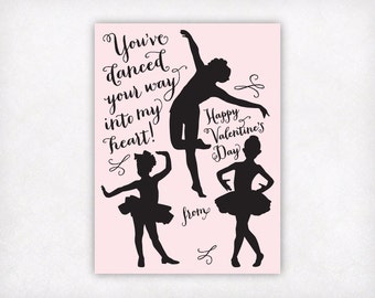 PRINTABLE Girls Dance Valentines Day Cards, Pink and Black Ballet Lyrical Jazz Dancer Valentines Day Card, Ballerina Dancing Valentine