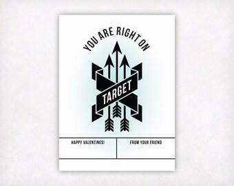 PRINTABLE Kids Valentine Cards, Instant Download Modern Boys Valentines Day Cards, You Are Right On Target Arrow Archery Valentines for Kids