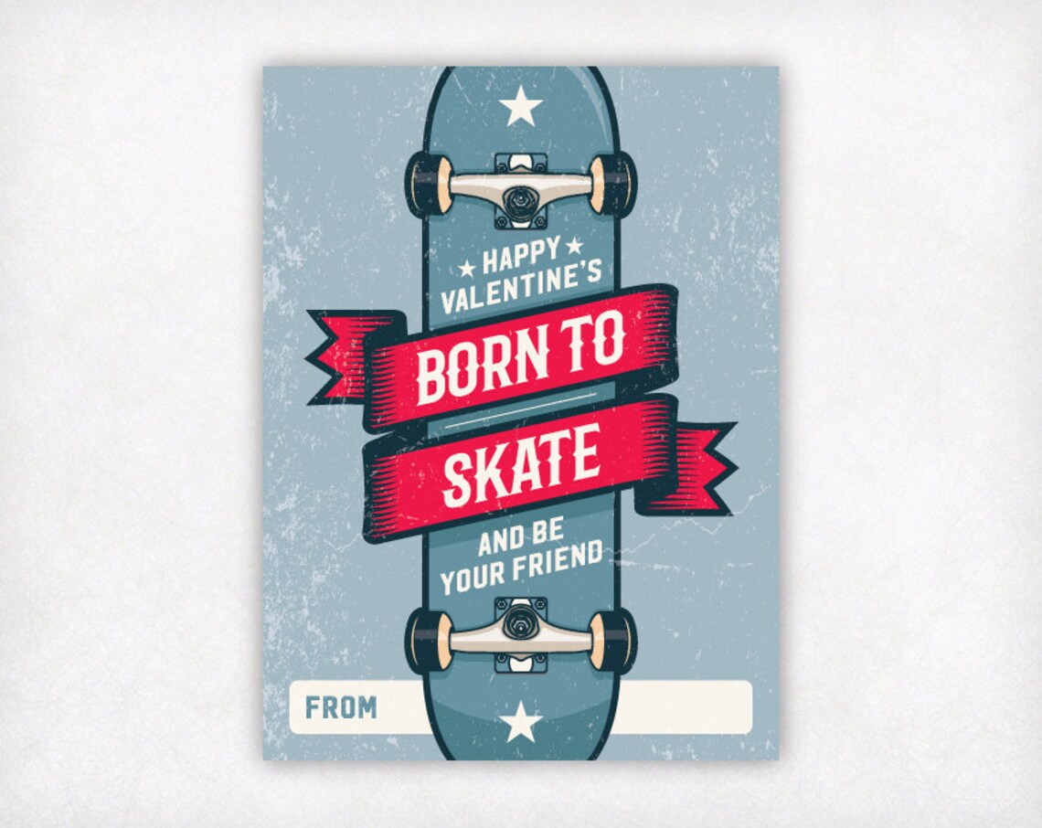 PRINTABLE Kids Valentine Card Skateboarding Valentines Day Etsy