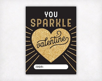 Printable Valentines, You Sparkle Valentine Cards, Instant Download Kids Valentine Cards, Gold Girls Valentines Day Card, School Valentines