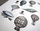 Vintage Hot Air Balloon Nursery Decor, Watercolor Letterpress Print, Boys Baby Shower Gift, Steampunk Kids Room Decor, Blue Boys Room Decor