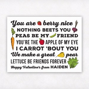 PRINTABLE Personalized Kids Valentine Card, Fruits and Veggies Valentines Day Cards, Vegan Vegetarian Fruit and Vegetable Valentines Cards