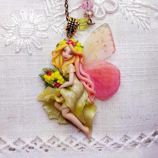 Fairy Mimosa. Polymer clay pendant, mini ooak fairy