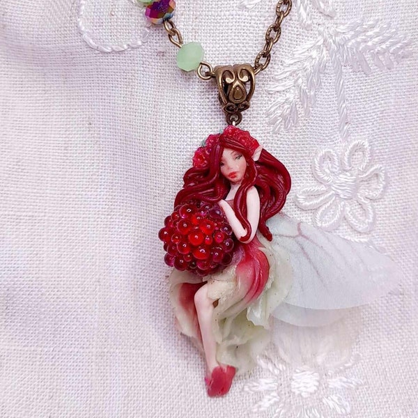 Raspberry Fairy. Polymer clay pendant. Mini ooak fairy