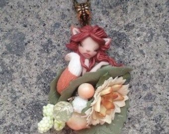 "Volpina" polymer clay pendant, fantasy doll
