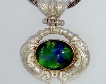 Australian Triplet Opal Pendant Nouveaux Style in Stg. Silver and 9 k gold setting