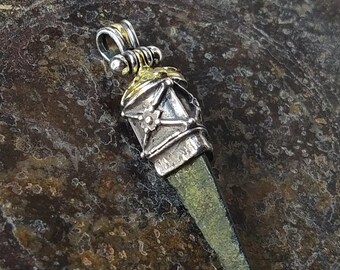 Ancient Bronze Arrow Head Pendant with Roman wire design in solid sterling silver with 18 K gold highlights
