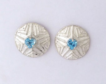 Star design Sterling Silver domed disc stud earrings set with Blue Topaz Hearts