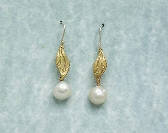 Hanging Petal Earrings with Fresh-water Baroque Pearls. with Shepherd's hook fittings, all 9 carat gold.