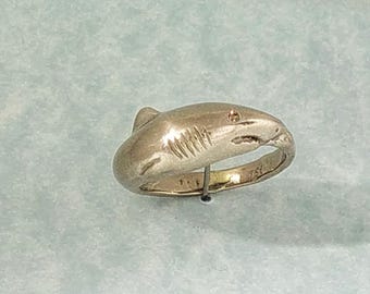 Shark Ring Set with a yellow diamond eye. A detailed hand carved ring in Solid 18 k White Gold with a Brushed finish.