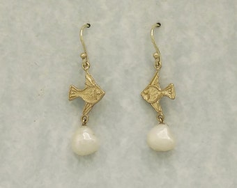 Coral reef Kissing-Fish Earrings with Fresh-water Baroque Pearls. with Shepherd's hook fittings, all 9 carat gold.