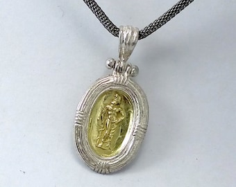 Askelepios Pendant, with Ancient Greek intaglio seal impression of the God of Medicine in 18 k gold and and a sterling silver border.