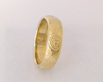 Rain Drop Rings Patterned Band Rings 5 mm wide hand carved random raindrop splash pattern band, in Solid 9 k Gold