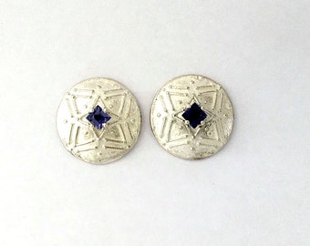 Star design, 4 point,  Sterling Silver domed disc stud earrings set with square shaped facetted Iolites