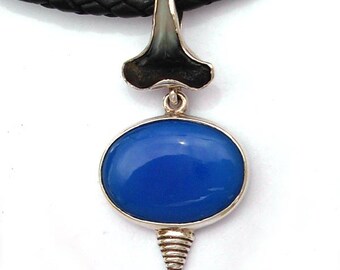Fossil Shark Tooth and deep ocean Chalcedony cabochon Pendant, in sterling silver setting