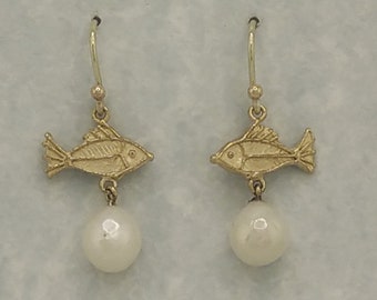 Swimming Herring Fish Earrings with Fresh-water Baroque Pearls. with Shepherd's hook fittings, all 9 carat gold.