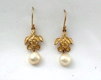 Delicate detailed Baby Turtle shaped Earrings with Fresh-water Baroque Pearls.  & Shepherd's hook fittings, all 9 carat gold.