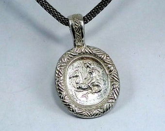 Seahorse Pendant, Ancient Roman Seal impression in sterling silver with border.