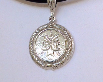 Janus Pendant, with Ancient Roman Coin impression of the God Janus, in solid sterling silver border.