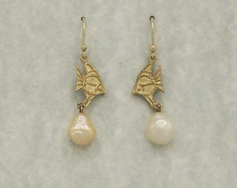 Kissing Angel-Fish Earrings with Fresh-water Baroque Pearls. with Shepherd's hook fittings, all 9 carat gold.
