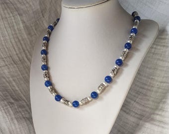 Beaded necklace of Pearls and Blue Agate, with sterling silver rondelles