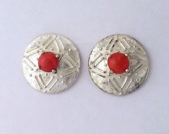 Star design, 4 point,  Sterling Silver domed disc stud earrings set with strong red Coral