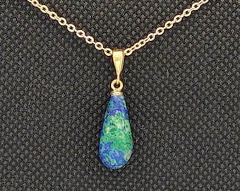 Azurite Drop Pendant, with 9 K gold bail.