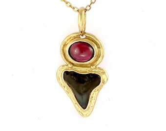 Fossil Shark Tooth Pendant, with cabochon cut Garnet Gem, in 9 carat gold.