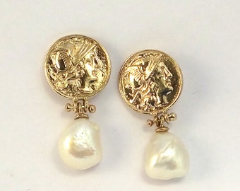 Disc shaped earrings with Mercury image in Solid  9 carat gold with Baroque Fresh Water Pearls.